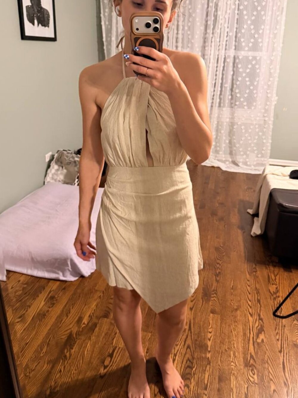 Linen-Look Halter Neck Mini Dress with Cut-Out Detail